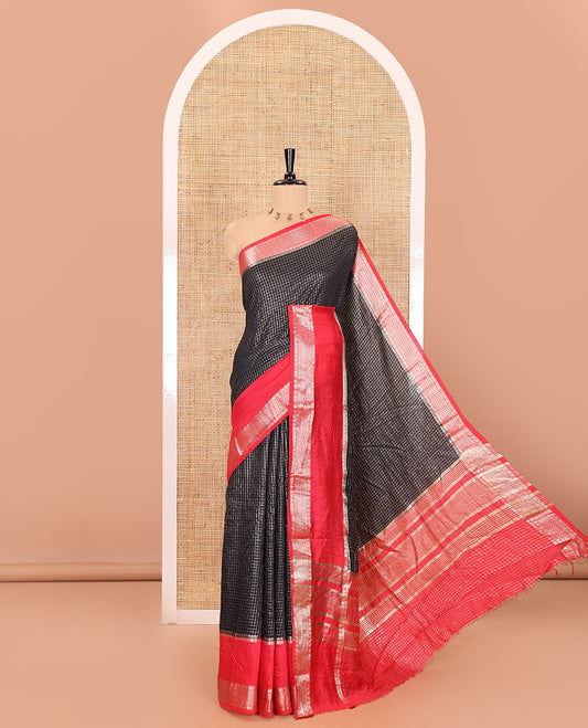 Black zari checked Assam cotton saree, contrast traditional zari design border, zari design pallu, and a contrast zari design blouse