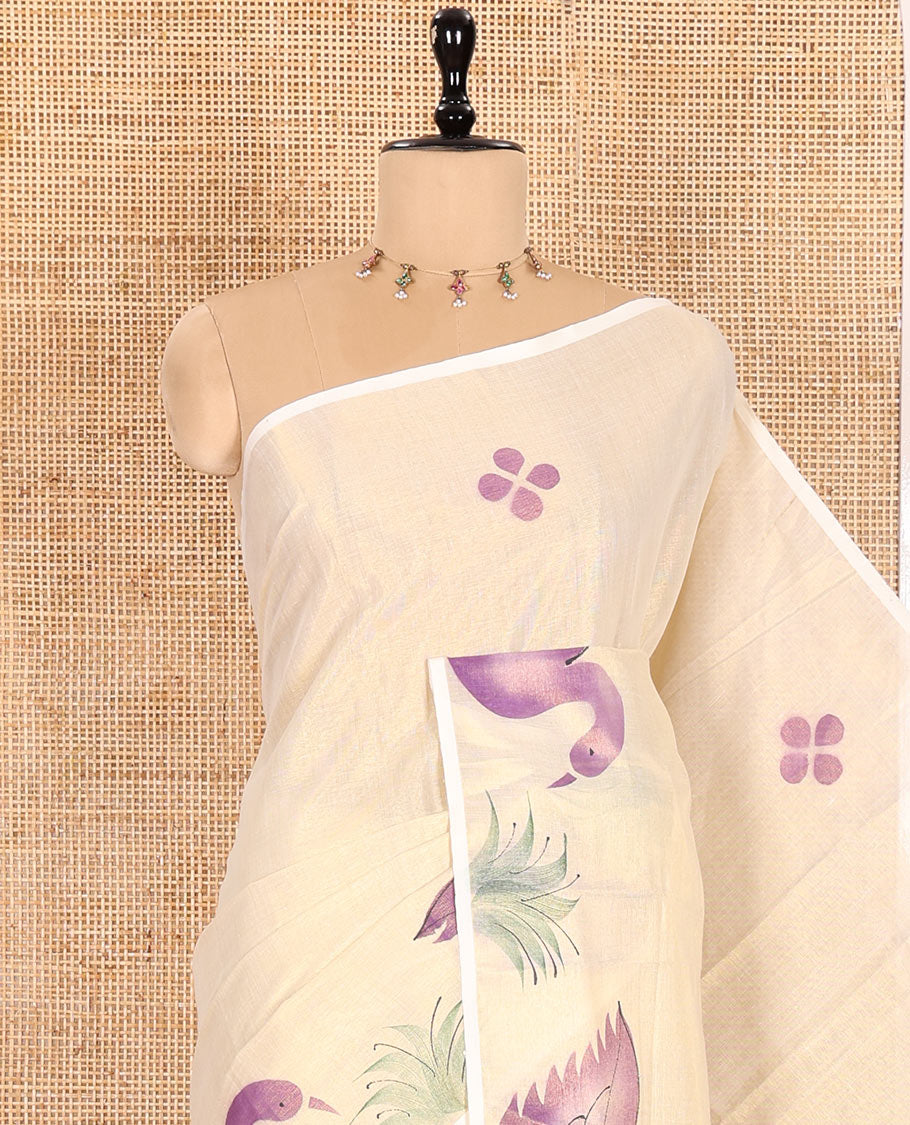 Gold-Violet Kerala Cotton Saree Subtly Sparked with Handblock-Printed Floral and Duck Motifs, Featuring a Self Pallu with Pond-Themed Handblock Prints, Paired with a Matching Plain Blouse