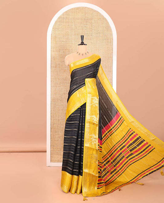Black Moss Chiffon Saree Decorated with Zari Stripes and Temple Designs, Complemented by a Contrast Traditional Zari Border of Parrot Motifs, Pallu Accentuated with Colorful Stripes, and Paired with a Contrast Blouse
