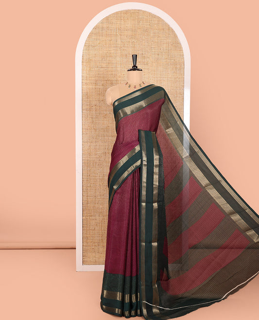 Wine Moss Chiffon Saree Subtly Sparkled with Zari Checks All Over Its Body, Complemented by a Contrast Traditional Zari Design Border, Striped Pallu, and Paired with a Contrast Blouse