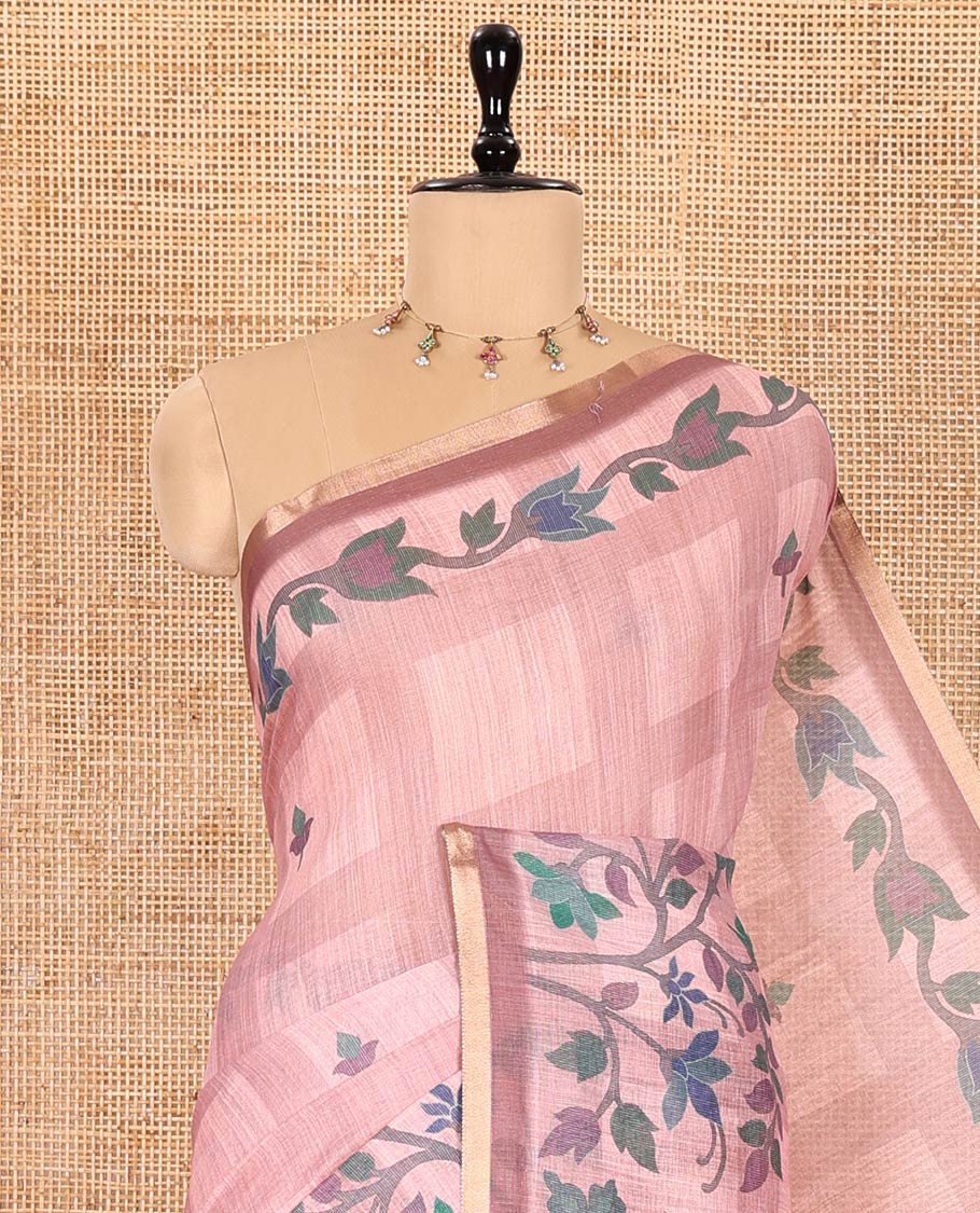 Light Peach Linen Cotton Saree Artfully Printed with Floral Butta and Checks, Subtle Self-Piping Border of Floral Creeper Print, Pallu Depicts Floral Print, and Paired with a Matching Blouse