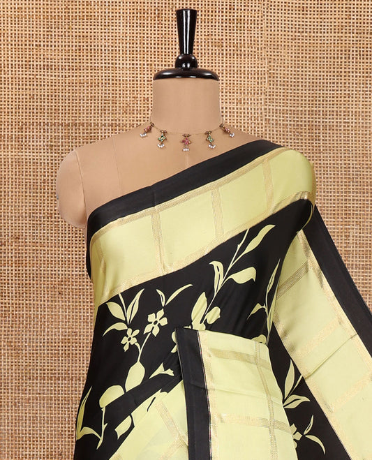 Black and Yellow Satin Crepe Saree, Highlighted with Floral Vine Print All Over Its Body, Complemented by a Contrast Foil Printed Checked Border, Pallu Steeped with Stripes, and Paired with a Matching Blouse