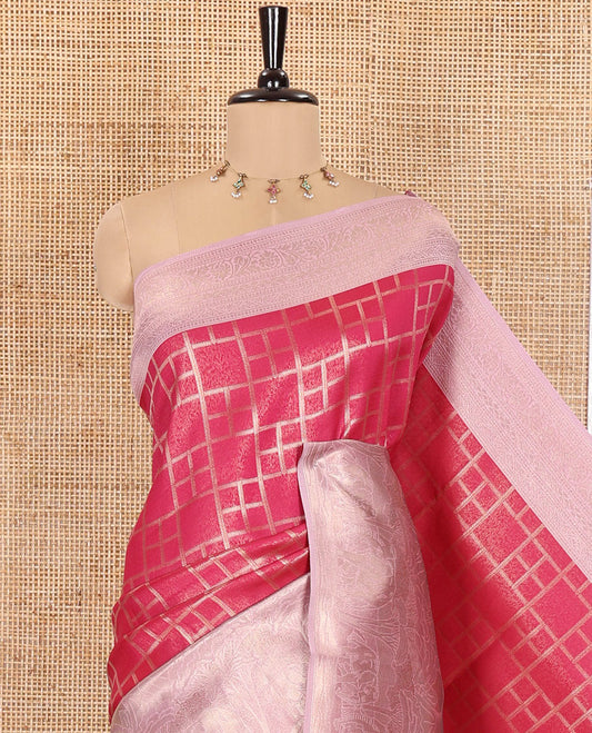Rani Pink Elite Soft Silk Saree, Delicately Woven with Checked Design on Its Body, Complemented by a Contrast Border of Jungle-Themed Flora-Fauna Motifs, a Pallu of Checked Design, and Paired with a Contrast Blouse