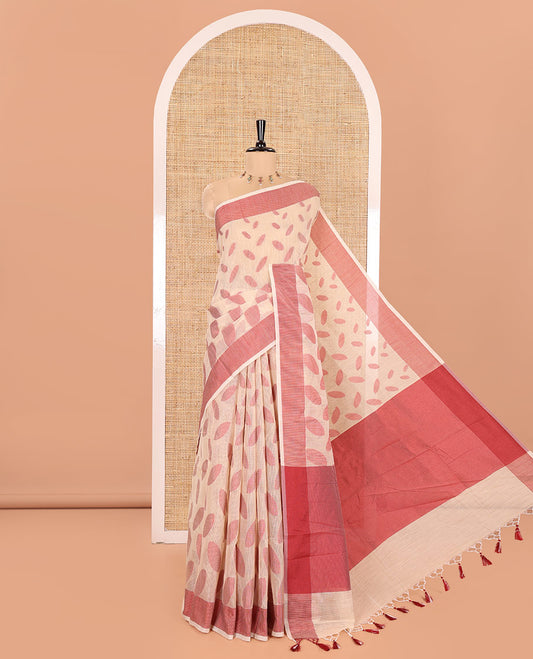 Chikku and Red Manipuri Cotton Saree, Steeped with Leaf Motifs Printed on Its Body, Contrast Plain Border, Captivating Contrast Plain Pallu, and Paired with a Matching Blouse