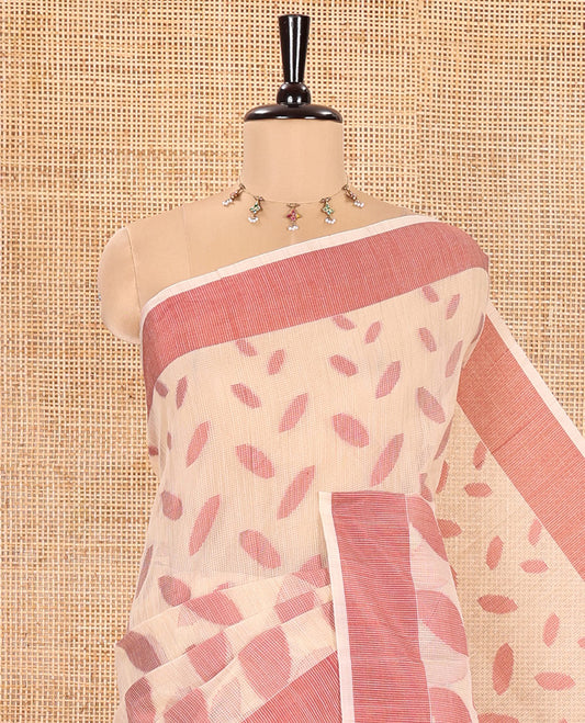 Chikku and Red Manipuri Cotton Saree, Steeped with Leaf Motifs Printed on Its Body, Contrast Plain Border, Captivating Contrast Plain Pallu, and Paired with a Matching Blouse