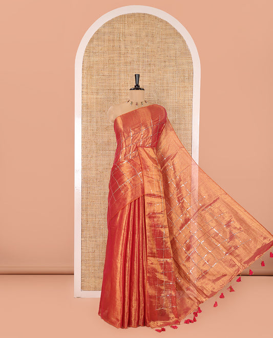 Borderless Orange Khadi Tissue Cotton Saree, Boldly Accentuated with Sequins Checks All Over Its Body, Sequins Checked Design Pallu, and Paired with a Matching Blouse