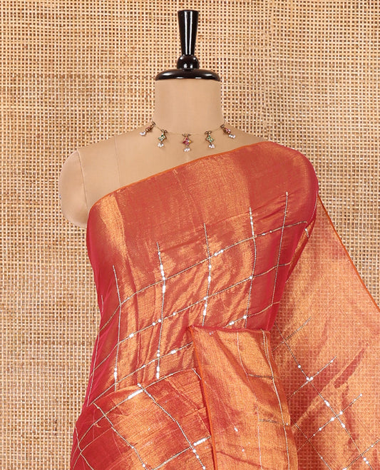 Borderless Orange Khadi Tissue Cotton Saree, Boldly Accentuated with Sequins Checks All Over Its Body, Sequins Checked Design Pallu, and Paired with a Matching Blouse