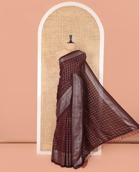 Brown Vichitra Saree, Spotlighted with Medium-Sized Checked Design on Its Body, Highlighted by a Traditional Design Border, Self-Pallu, and Comes Without a Blouse