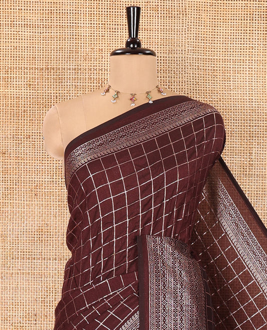 Brown Vichitra Saree, Spotlighted with Medium-Sized Checked Design on Its Body, Highlighted by a Traditional Design Border, Self-Pallu, and Comes Without a Blouse