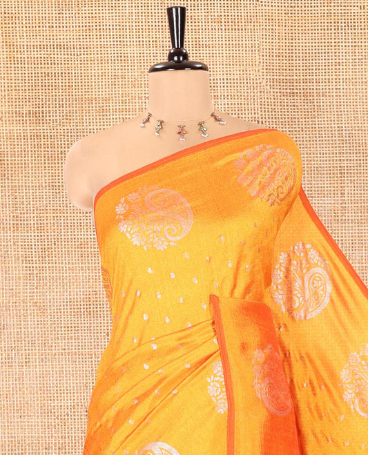 Borderless Yellow Vichitra Silk Saree, Adorned with Paisley and Flora-Paisley Buttas All Over Its Body, Subtle Self-Pallu, and Paired with a Matching Blouse