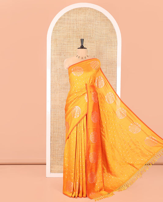 Borderless Yellow Vichitra Silk Saree, Adorned with Paisley and Flora-Paisley Buttas All Over Its Body, Subtle Self-Pallu, and Paired with a Matching Blouse