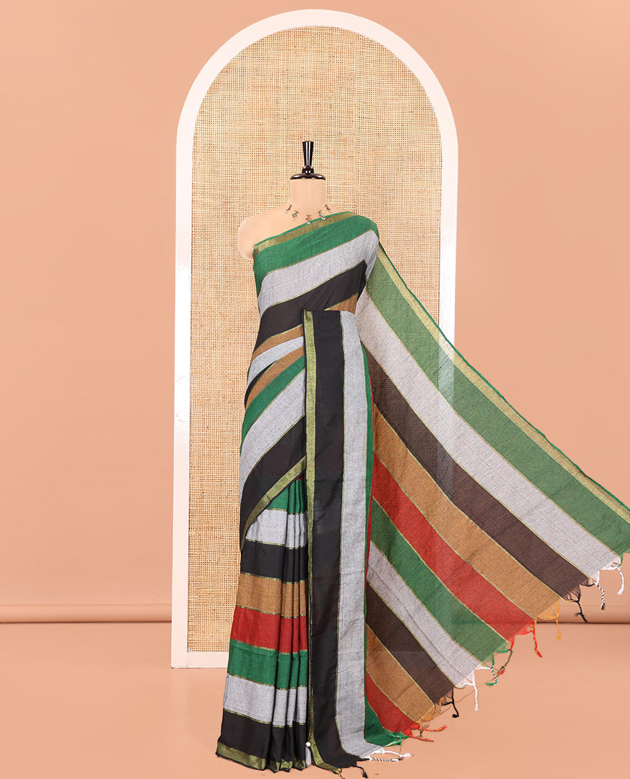 Multi-Color Khadi Mul Cotton Saree, Mesmerized with Vertical Stripes All Over Its Body, Subtle Piping Border, a Self-Pallu, and Paired with a Matching Blouse