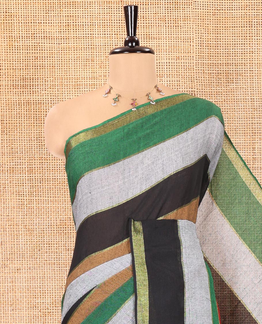 Multi-Color Khadi Mul Cotton Saree, Mesmerized with Vertical Stripes All Over Its Body, Subtle Piping Border, a Self-Pallu, and Paired with a Matching Blouse