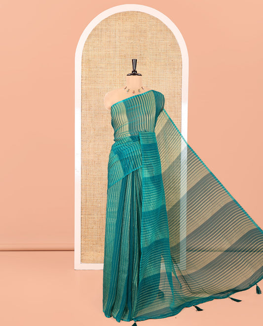 Borderless Rama Blue Lightweight Chiffon Saree, Subtly Printed with Stripes on Its Body, Self-Pallu of Stripes, and Paired with a Matching Blouse