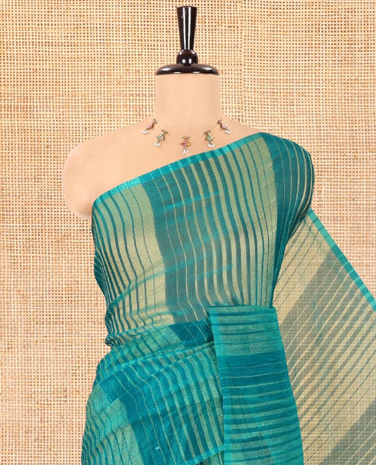 Borderless Rama Blue Lightweight Chiffon Saree, Subtly Printed with Stripes on Its Body, Self-Pallu of Stripes, and Paired with a Matching Blouse