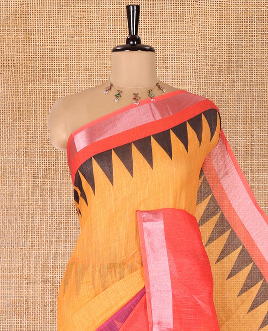 Yellow Plain Linen Cotton Saree, Complemented by a Contrast Temple Zari Border, Striped Pallu, and Paired with a Contrast Blouse