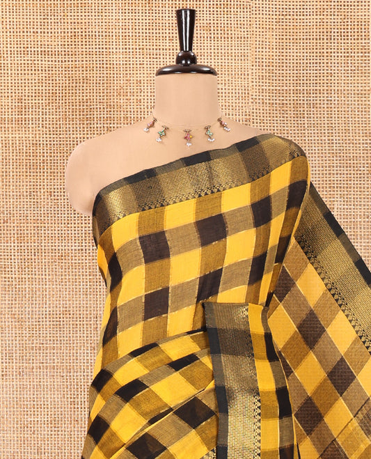 Yellow Checked Khadi Mul Cotton Saree, Highlighted by Zari Traditional Border, Zari Checked Pallu, and Paired with a Matching Blouse