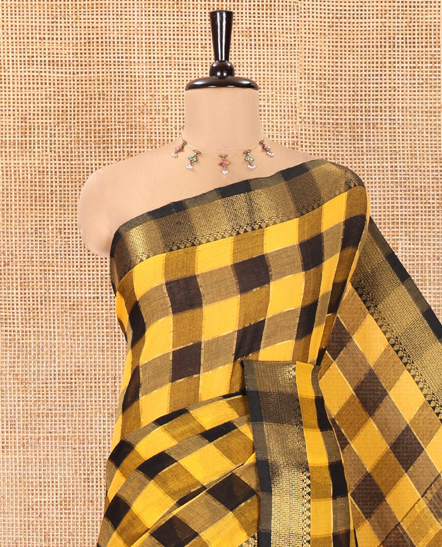 Yellow Checked Khadi Mul Cotton Saree, Highlighted by Zari Traditional Border, Zari Checked Pallu, and Paired with a Matching Blouse
