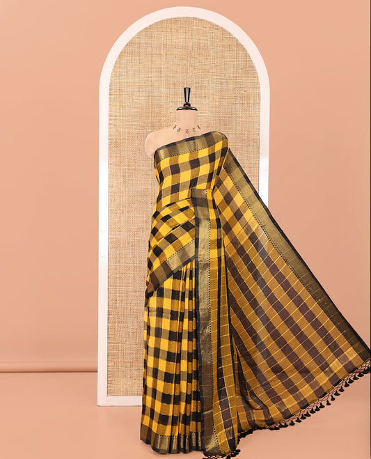 Yellow Checked Khadi Mul Cotton Saree, Highlighted by Zari Traditional Border, Zari Checked Pallu, and Paired with a Matching Blouse