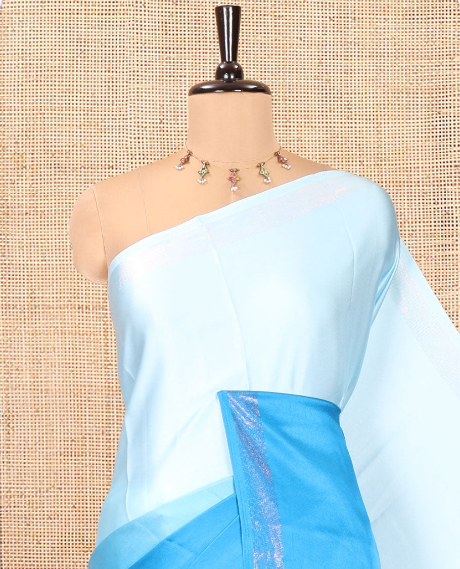 Blue Ombre Plain Satin Crepe Saree, Subtle Zari Border, Plain Pallu, and Comes without a Blouse