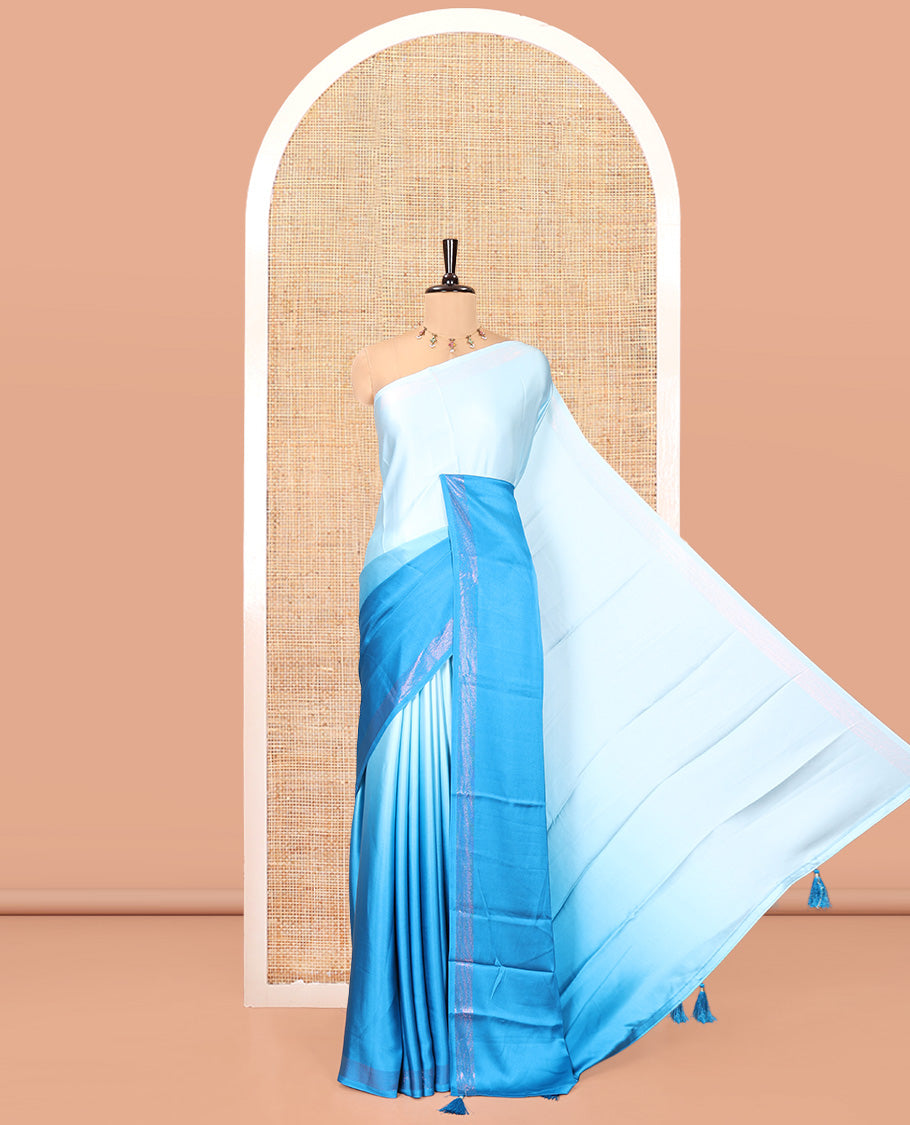 Blue Ombre Plain Satin Crepe Saree, Subtle Zari Border, Plain Pallu, and Comes without a Blouse