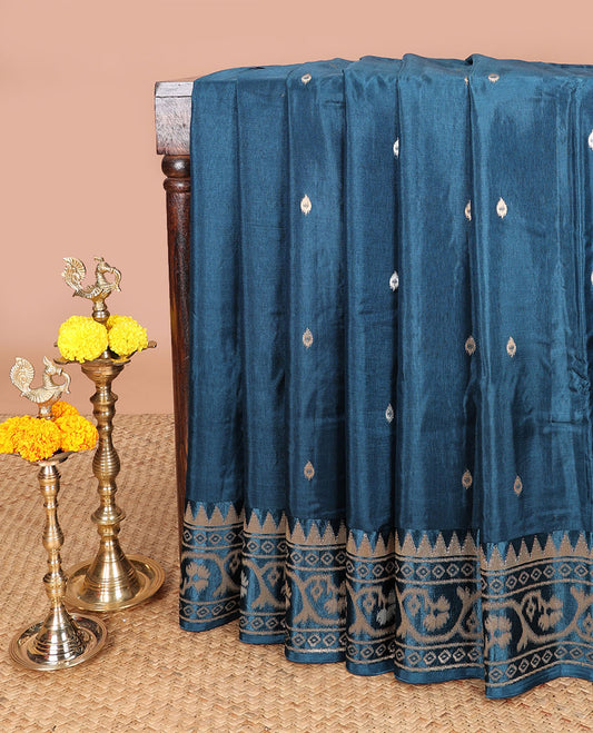 Peacock blue zari butta dola silk saree with patola style design, temple border & rich pallu along with plain blouse