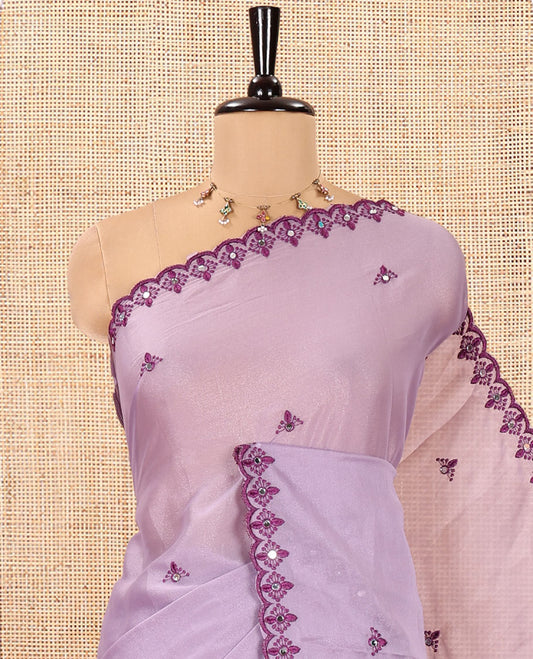 Lavender Rangoli Chiffon Saree, Embellished with Thread and Mirror Work Buttas on Its Body, Subtle Scallop Embroidered Border, Embroidered Pallu, and Paired with a Contrast Mirror Work Blouse