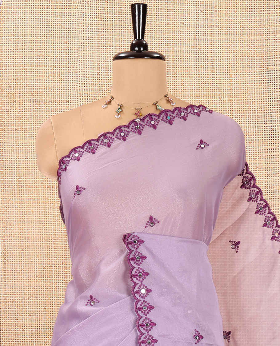 Lavender Rangoli Chiffon Saree, Embellished with Thread and Mirror Work Buttas on Its Body, Subtle Scallop Embroidered Border, Embroidered Pallu, and Paired with a Contrast Mirror Work Blouse