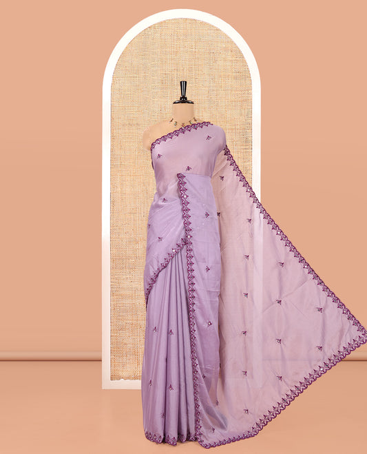 Lavender Rangoli Chiffon Saree, Embellished with Thread and Mirror Work Buttas on Its Body, Subtle Scallop Embroidered Border, Embroidered Pallu, and Paired with a Contrast Mirror Work Blouse