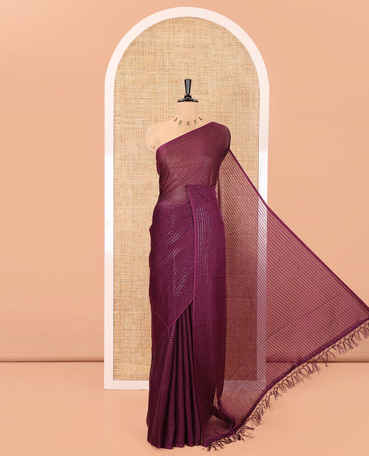 Borderless Purple Chiffon Saree, Gleamed Up with Horizontal Stripes on Its Body, a Self-Pallu, and Comes Without a Blouse
