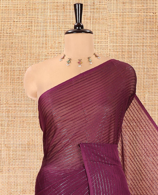 Borderless Purple Chiffon Saree, Gleamed Up with Horizontal Stripes on Its Body, a Self-Pallu, and Comes Without a Blouse
