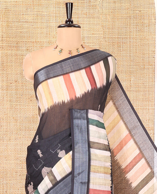 Black Linen Cotton Saree, Creatively Printed with Chess Coin Motifs on Its Body, Highlighted by a Zari Border of Multi-Color Stripes, Pallu Steeped with Multi-Color Stripes, and Paired with a Contrast Blouse