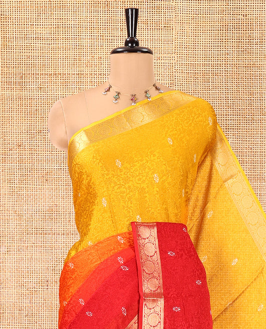 Yellow-Red Candy Chiffon Saree Features Ombre Dye and Embossed Texture, Floral Creeper Border, Intricate Pallu, Contrast Blouse