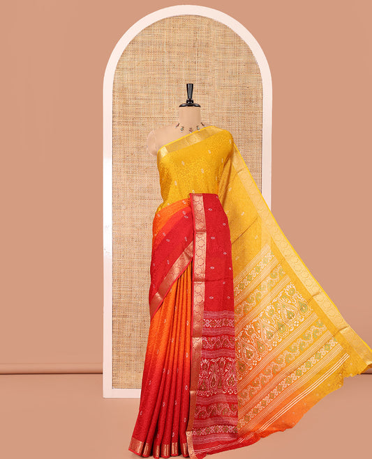 Yellow-Red Candy Chiffon Saree Features Ombre Dye and Embossed Texture, Floral Creeper Border, Intricate Pallu, Contrast Blouse