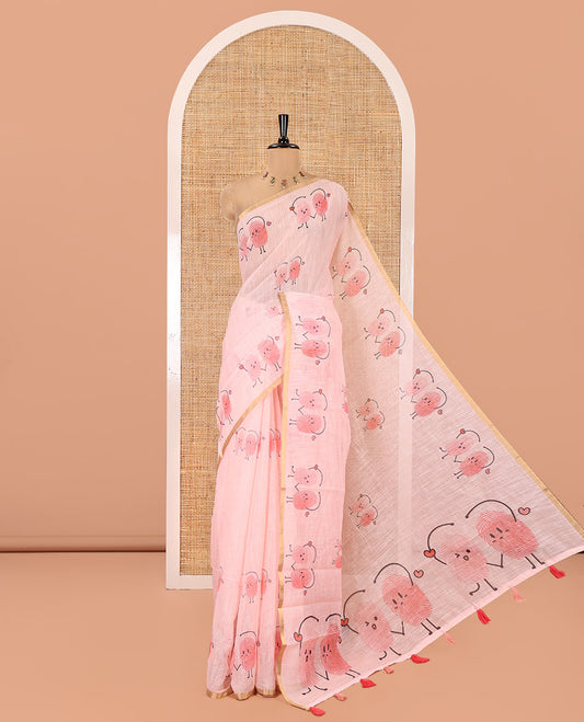 Peach Linen Cotton Saree, Creatively Printed with Thumb Finger Printed Cartoon-Theme Print on Its Body, a Subtle Piping Border, a Self-Printed Pallu, and Paired with a Matching Blouse
