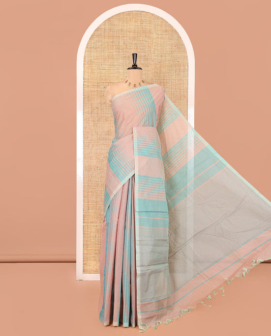 Borderless Rama Negamam Cotton Saree, Subtly Sparkled with Stripes All Over Its Body, a Self-Pallu, and Paired with a Matching Blouse