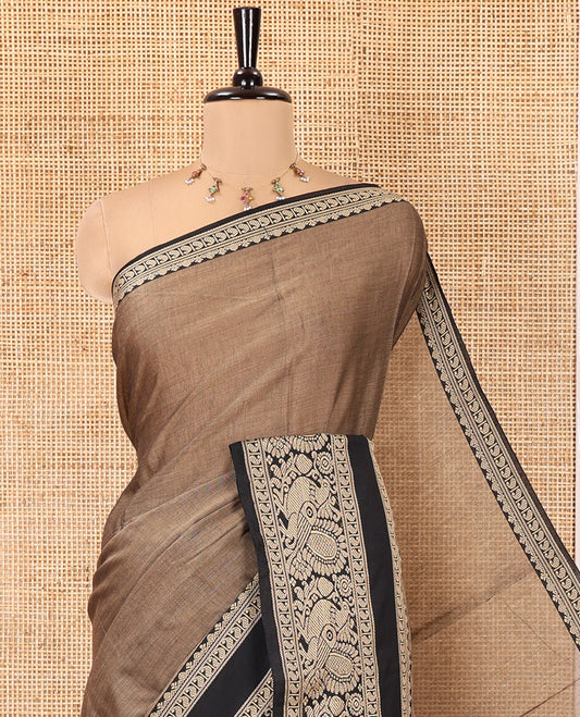 Brown Plain Mercerised Cotton Saree, Complemented by a Contrast Rettai Pettu Border of Paisley, and Peacock Designs, Striped Pallu, and Paired with a Matching Blouse