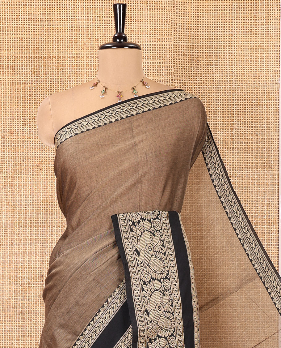 Brown Plain Mercerised Cotton Saree, Complemented by a Contrast Rettai Pettu Border of Paisley, and Peacock Designs, Striped Pallu, and Paired with a Matching Blouse