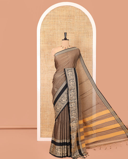 Brown Plain Mercerised Cotton Saree, Complemented by a Contrast Rettai Pettu Border of Paisley, and Peacock Designs, Striped Pallu, and Paired with a Matching Blouse