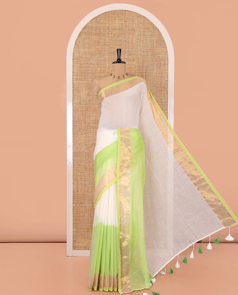 Off-White-Parrot Green Plain Half-And-Half-Style Khadi Mul Cotton Saree with a Zari Border, and No Blouse