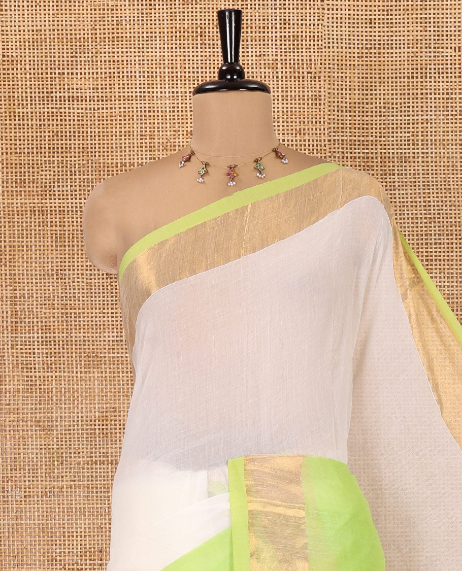 Off-White-Parrot Green Plain Half-And-Half-Style Khadi Mul Cotton Saree with a Zari Border, and No Blouse