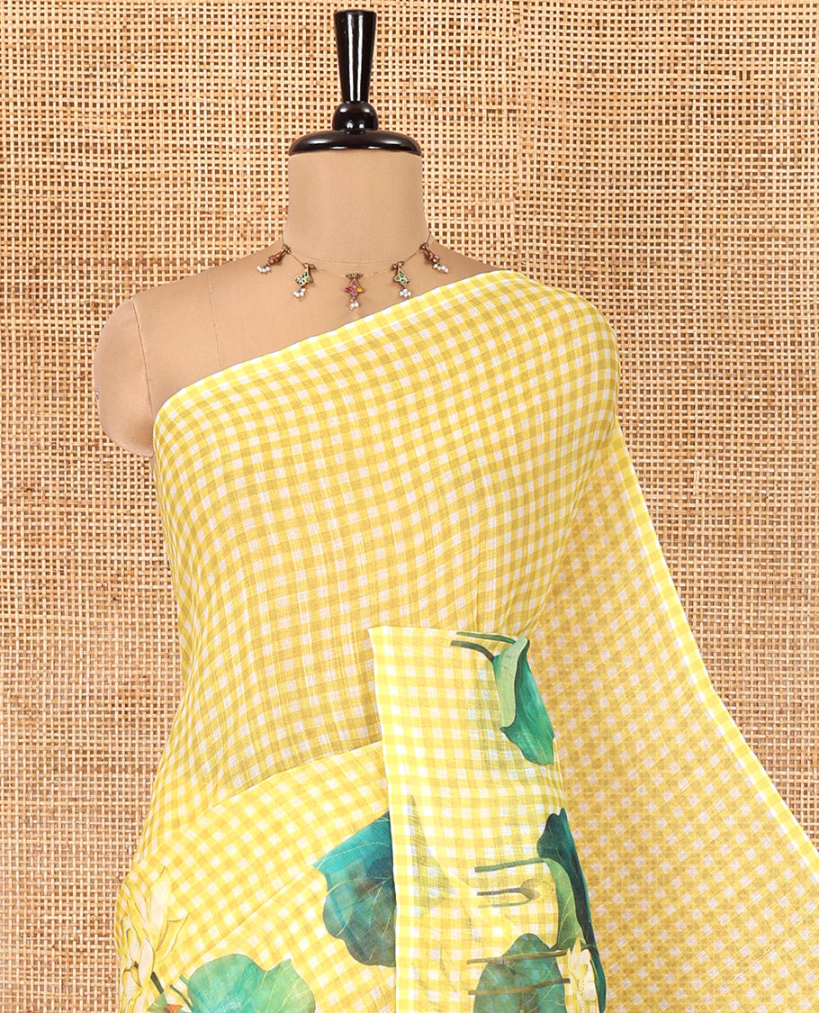 Borderless Yellow Linen Cotton Saree, Adorned with Micro-Checks and Pichwai Lotus Print, a Subtle Pallu, and a Matching Blouse