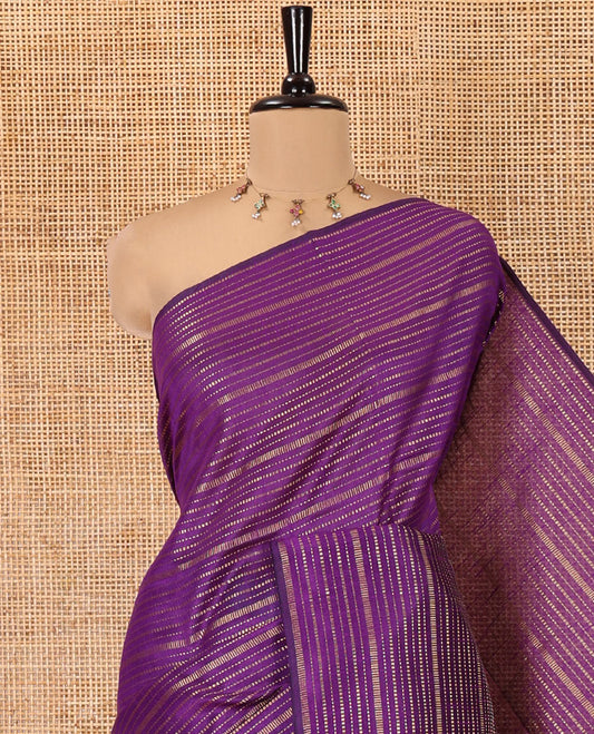 Borderless Dark Violet Semi-Raw Silk Saree, Spotlighted with Muthu Stripes on Its Body, Complemented by a Contrast Zari Striped Pallu, and Paired with a Contrast Blouse