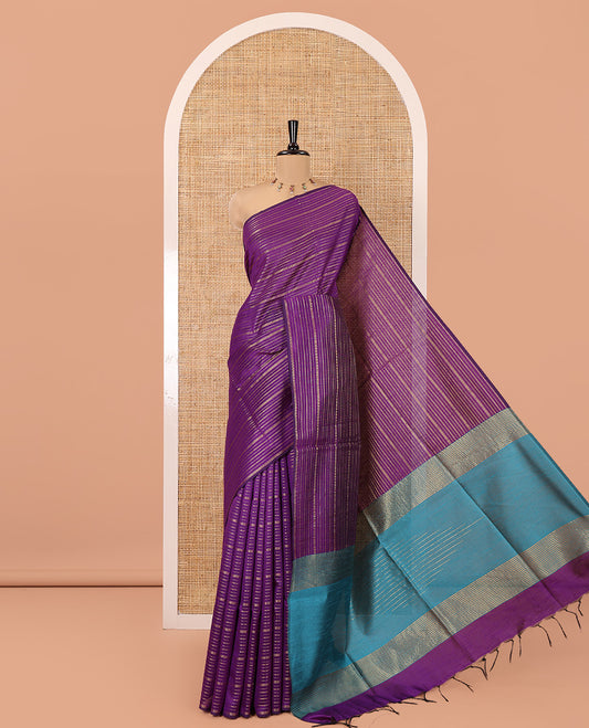 Borderless Dark Violet Semi-Raw Silk Saree, Spotlighted with Muthu Stripes on Its Body, Complemented by a Contrast Zari Striped Pallu, and Paired with a Contrast Blouse