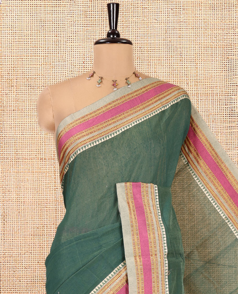 Green Plain Mercerised Cotton Saree, Complemented by Contrast Traditional Border, Striped Pallu, and a Matching Blouse