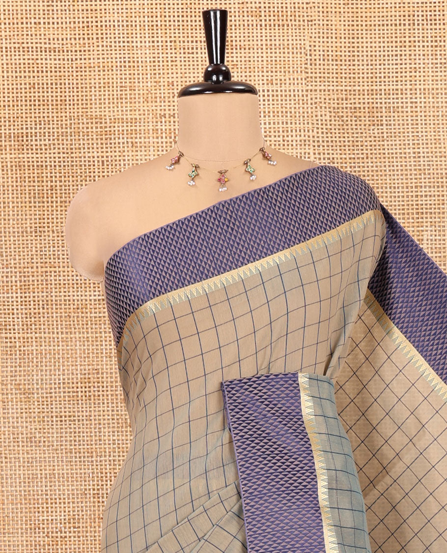 Grey Checked Mercerised Cotton Saree, Contrast Temple Ara Maadam Border, Striped Pallu, and Matching Blouse