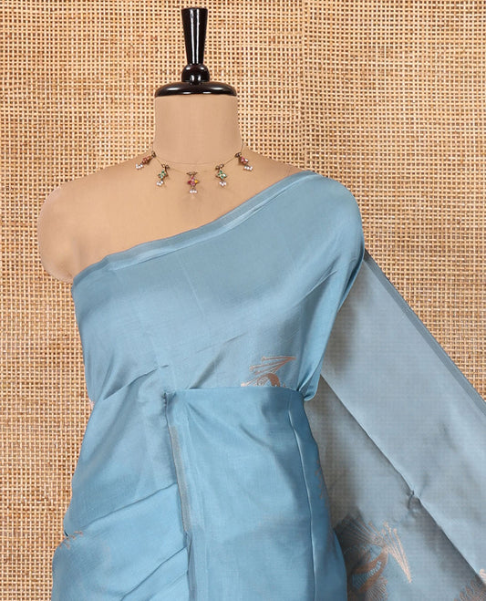Borderless Sky Blue Kanchi Silk Saree, Elegantly Highlighted with Zari Buttas, Intricate Pallu, and a Matching Blouse
