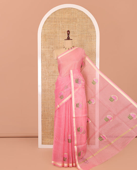 Onion Pink Kota Doria Saree, Adorned with Zari Checks and Floral Embroidery, a Piping Border, Matching Blouse