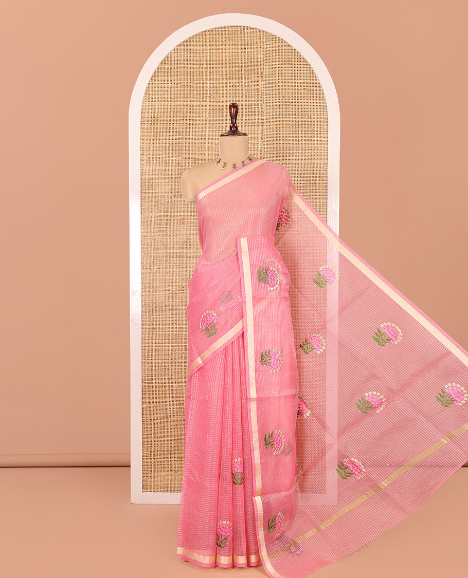 Onion Pink Kota Doria Saree, Adorned with Zari Checks and Floral Embroidery, a Piping Border, Matching Blouse