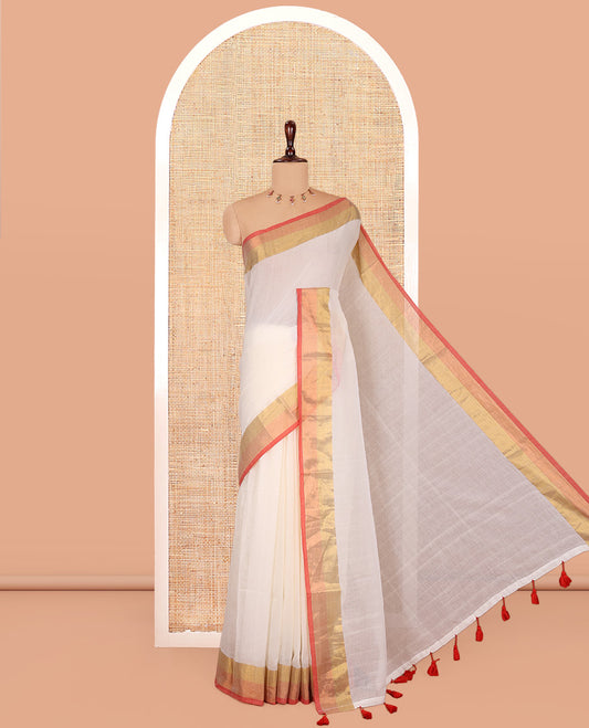 Cream Plain Khadi Mul Cotton Saree, Highlighted by Gold-Copper Zari Border, a Self-Pallu, and No Blouse